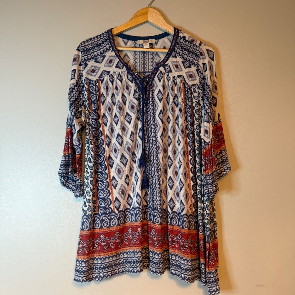 Vintage America Blues Womens 1X Boho Tunic Top Blue Orange Paisley Tassel Tie
